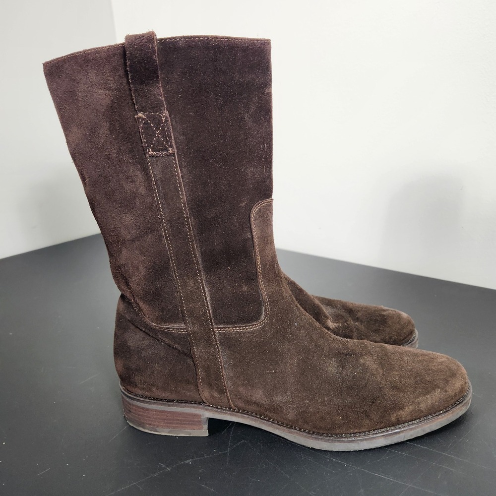 J.Crew Womens Brown Suede Mid Calf Pull On Boots Leather Lining Stacked Heel 9
